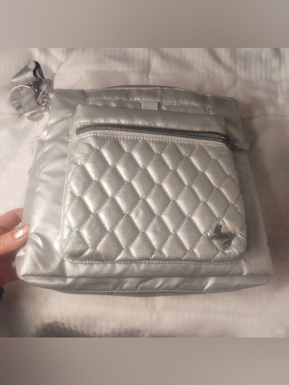 NWT Lug  Wander Crossbody Bag Metallic Silver With Rainbow Stitching 🌈